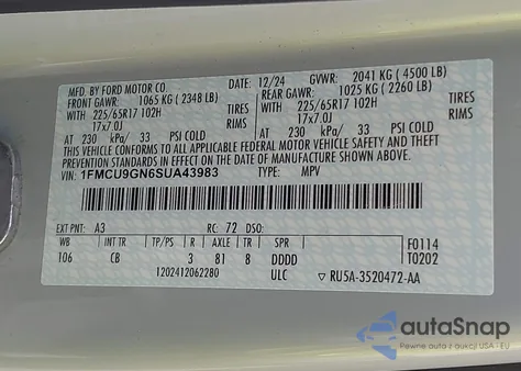 2025 Ford Escape Active из США, поврежденный, VIN 1FMCU9GN6SUA43983